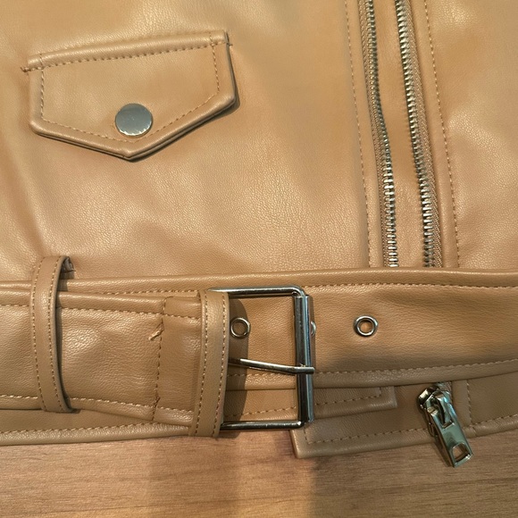 Zara Light Camel Faux Leather Biker Jacket size Large - Picture 9 of 13